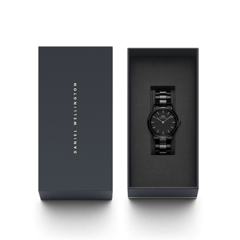 Iconic Link Ceramic watch presented in its branded gift box, featuring a sleek black ceramic bracelet and minimalist dial, ideal for gifting or adding to a collection.