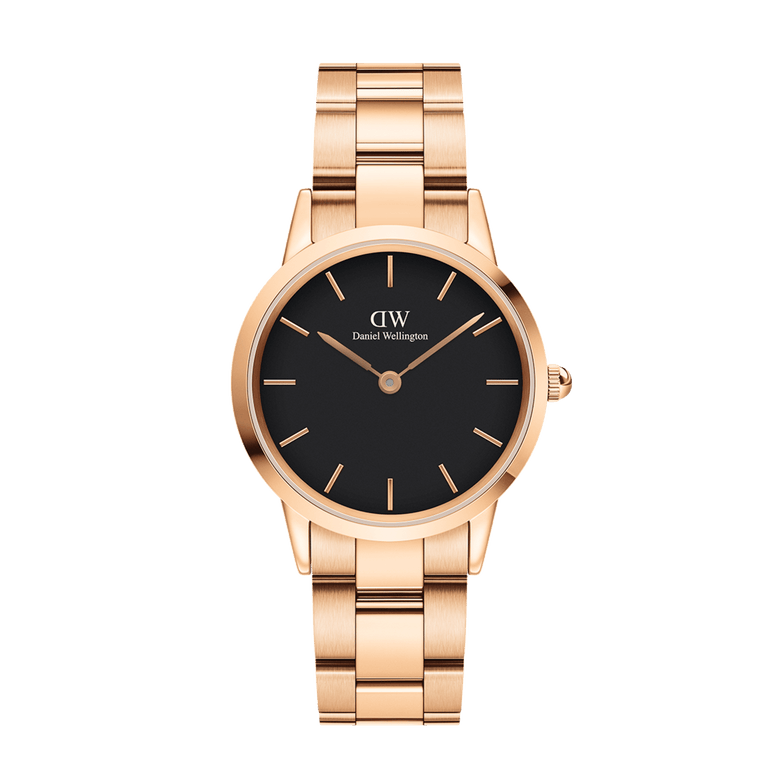 Iconic Link Black Rose Gold watch by Daniel Wellington featuring a matte black dial, rose gold stainless steel case, and a matching adjustable bracelet strap.