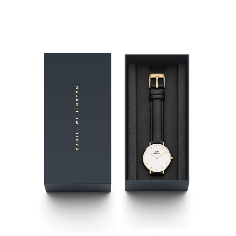 Petite Sheffield Gold watch presented in a sleek Daniel Wellington gift box, featuring a gold-plated case, minimalist white dial, and black leather strap, ideal for gifting or personal use.