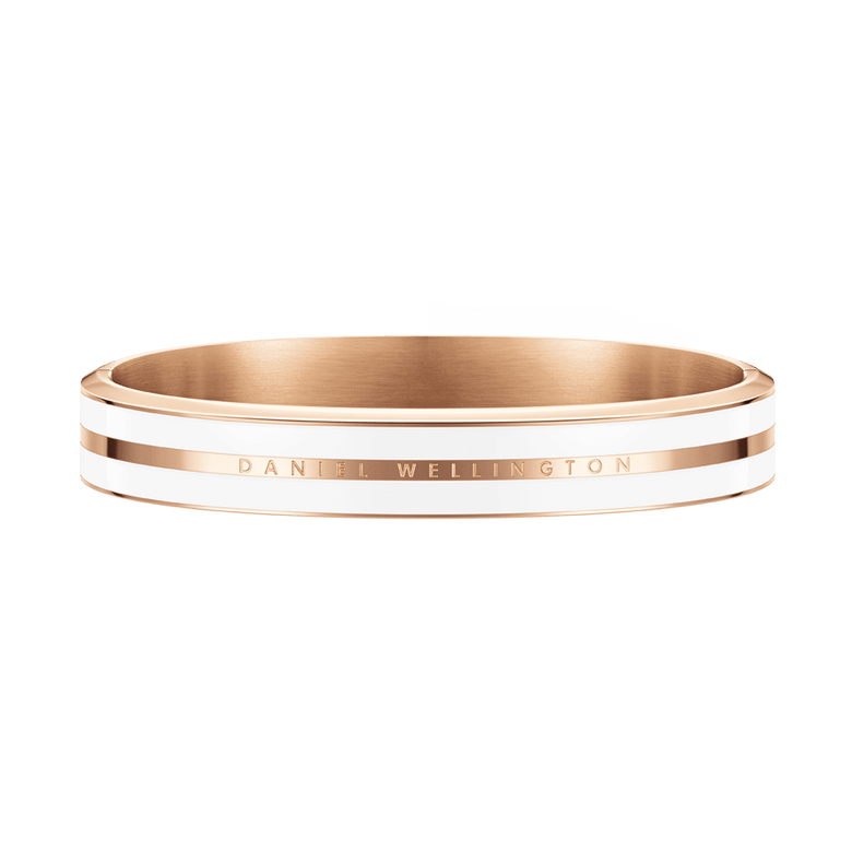 Emalie Infinite Rose Gold Satin White bangle featuring a wide band with polished rose gold and crisp white enamel, engraved with the Daniel Wellington logo for a sophisticated, modern look.