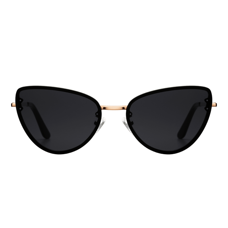 Lynx Steel Black sunglasses featuring a modern cat eye shape, dark nylon lenses, and a rose gold plated stainless steel frame with adjustable silicone nose pads for comfortable wear.