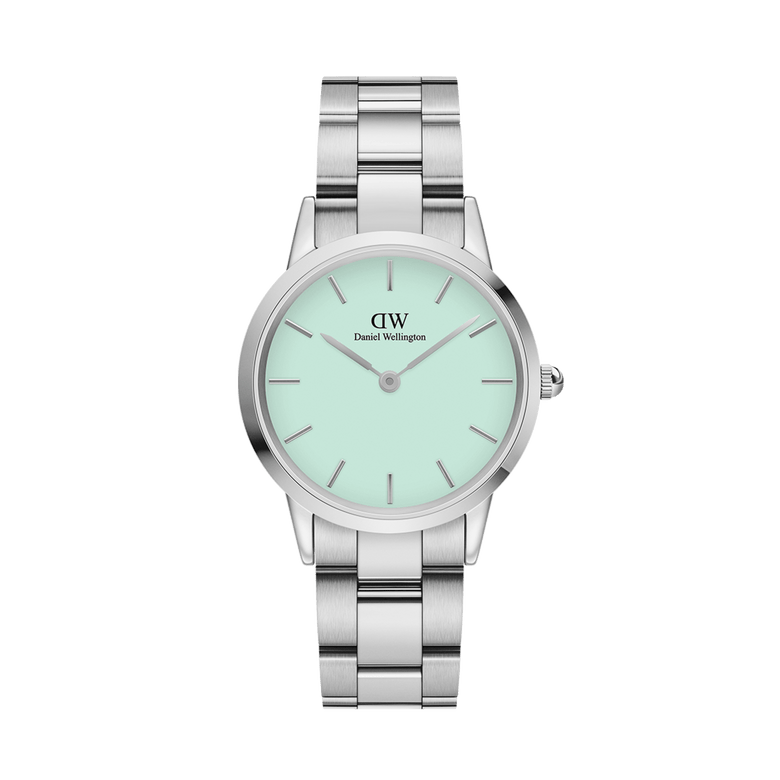 Iconic Link Mint Silver ladies watch featuring a pastel mint green dial, minimalist hour markers, and a polished stainless steel bracelet with adjustable links.