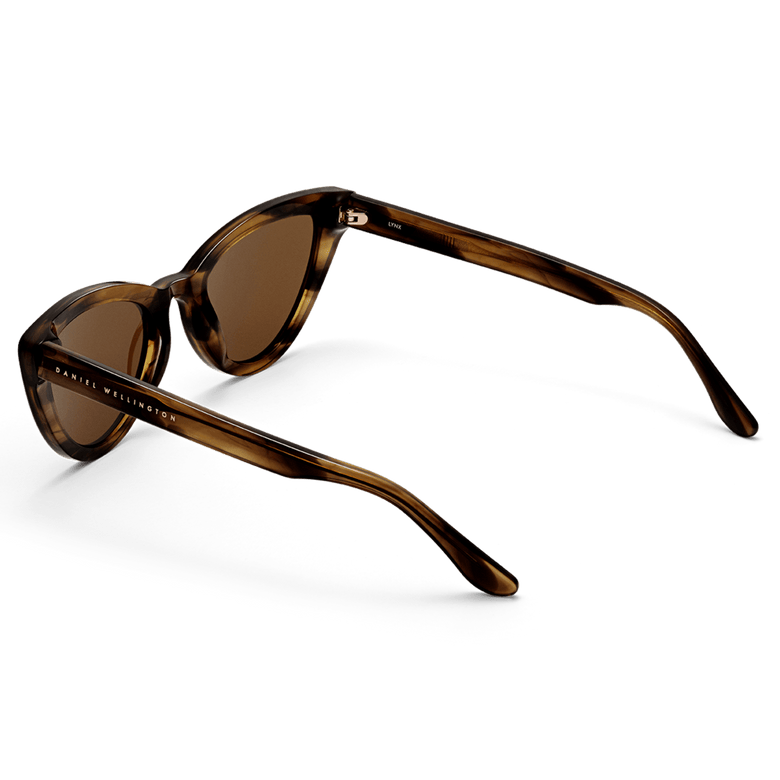 Lynx Bio-Acetate Brown Demi sunglasses shown from the back angle, highlighting the brown demi bio-acetate frame, amber lenses, and Daniel Wellington branding on the arm.