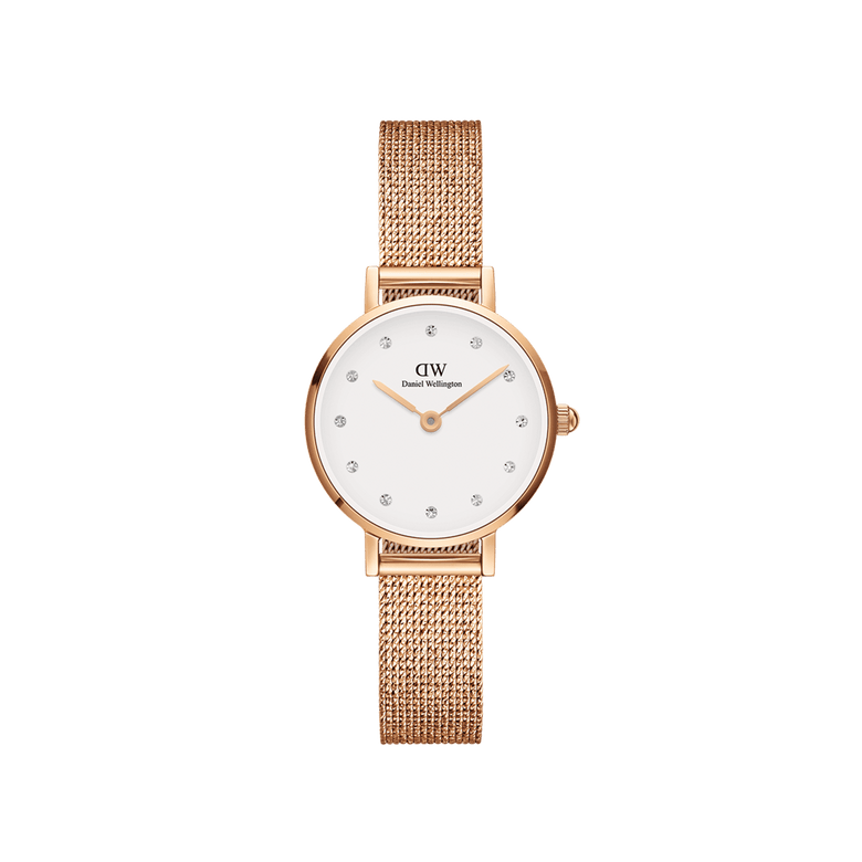 Petite Lumine Pressed Melrose ladies watch featuring a rose gold pressed mesh strap, minimalist white dial, and crystal hour markers, designed for a refined and elegant everyday look.