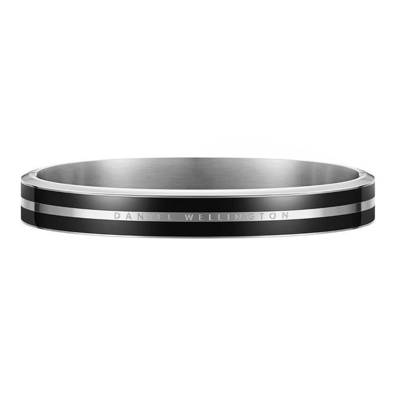 Emalie Infinite Silver Black bracelet with a minimalist bangle design, featuring a polished stainless steel band and deep black enamel ribbon, engraved with subtle detailing for a sophisticated finish.
