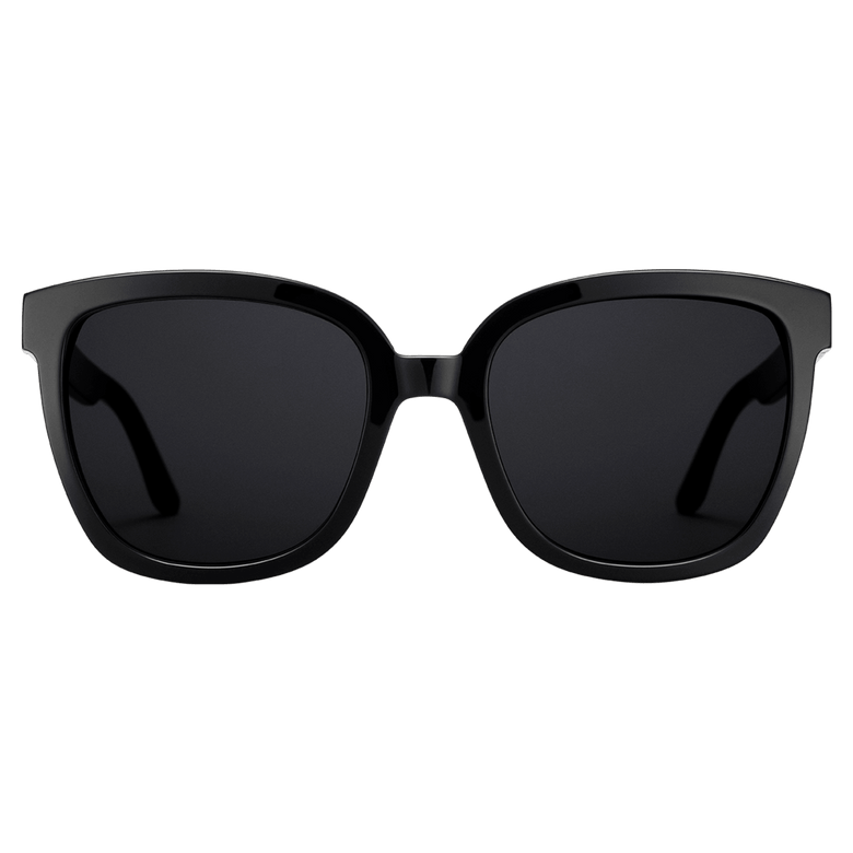 Oversized square sunglasses with a glossy black bio-acetate frame and dark lenses, designed for both men and women, offering a bold and modern look.