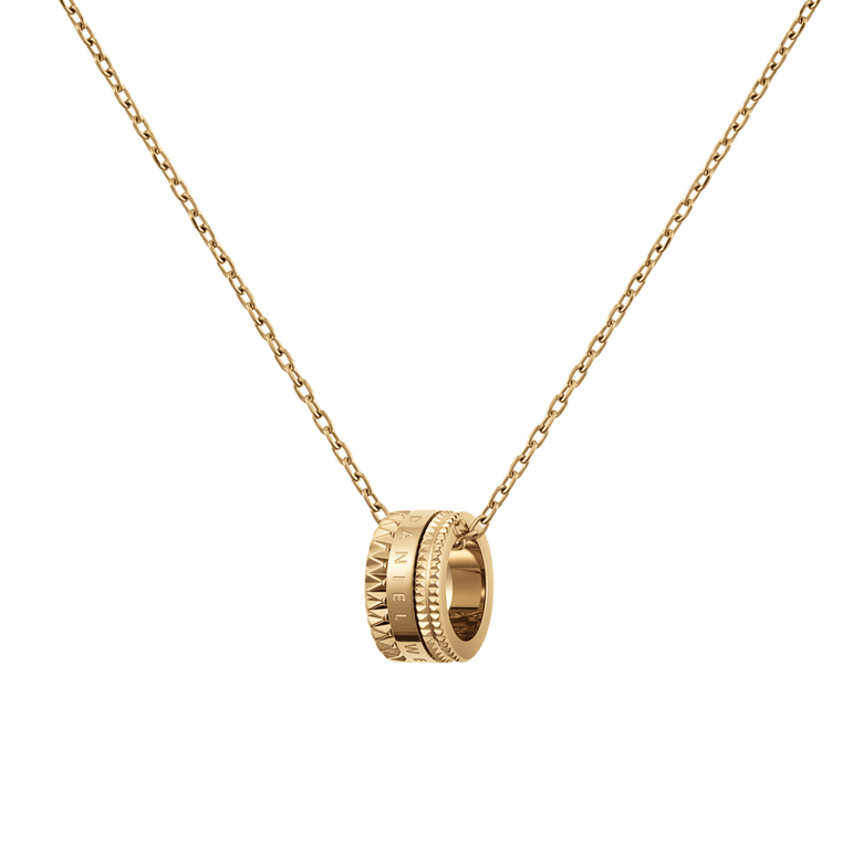 Gold necklace with a geometric-inspired ring pendant featuring textured details and a polished finish, suspended from a delicate adjustable chain. The necklace has a modern, minimalist design that highlights its refined gold tone and subtle sophistication.