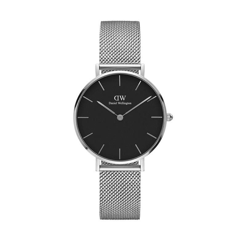 Petite Sterling Black Silver watch with a minimalist black dial, slim silver mesh strap, and polished stainless steel case, designed for comfortable everyday wear and petite wrists.