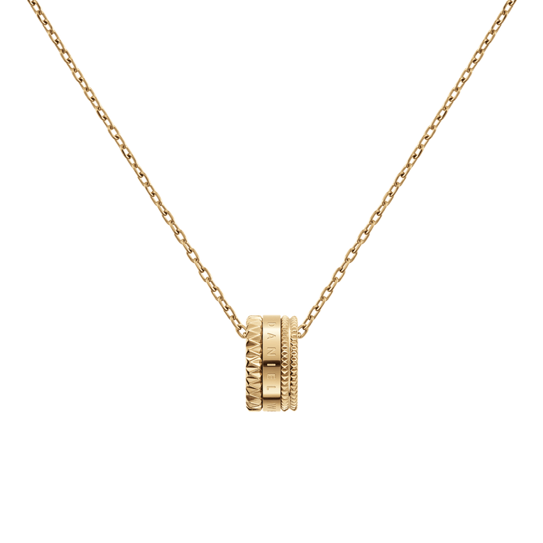 Elevation Necklace Gold with a geometric ring pendant showcasing textured and polished details, hanging from a fine adjustable gold chain for a minimalist and elegant style.