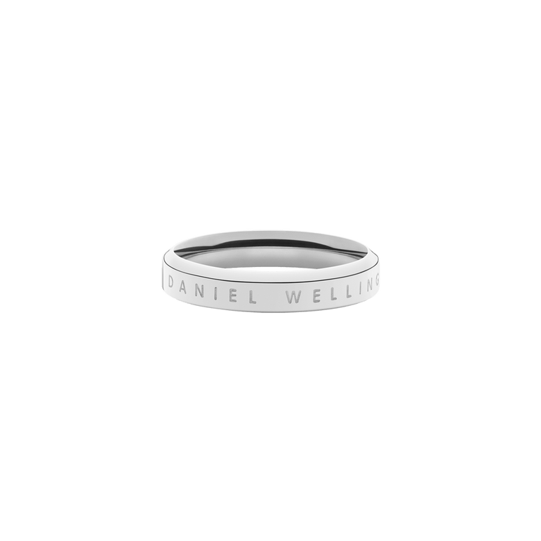 Classic Ring in silver stainless steel with a flat band profile and engraved Daniel Wellington branding, showcasing its minimalist and elegant design.