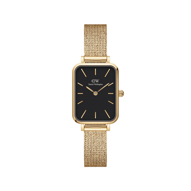 Quadro Pressed Evergold Black Gold features a rectangular gold case, striking black dial, and a slim gold mesh strap, offering a minimalist and elegant look ideal for everyday wear.