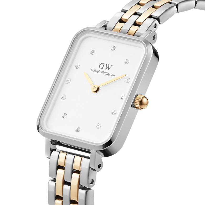 Quadro Lumine 5-link two-tone ladies watch featuring a rectangular eggshell white dial with crystal hour markers, gold hands, and a silver and gold stainless steel bracelet.