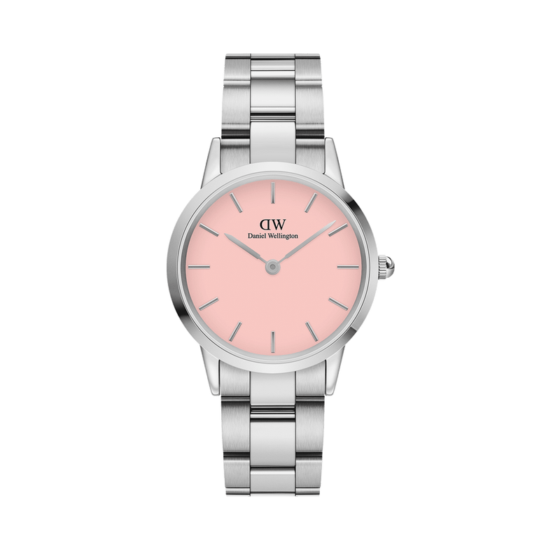 Iconic Link Blush Silver ladies watch featuring a stainless steel link bracelet and a soft pastel pink dial with minimalist hour markers, ideal for everyday style and comfort.