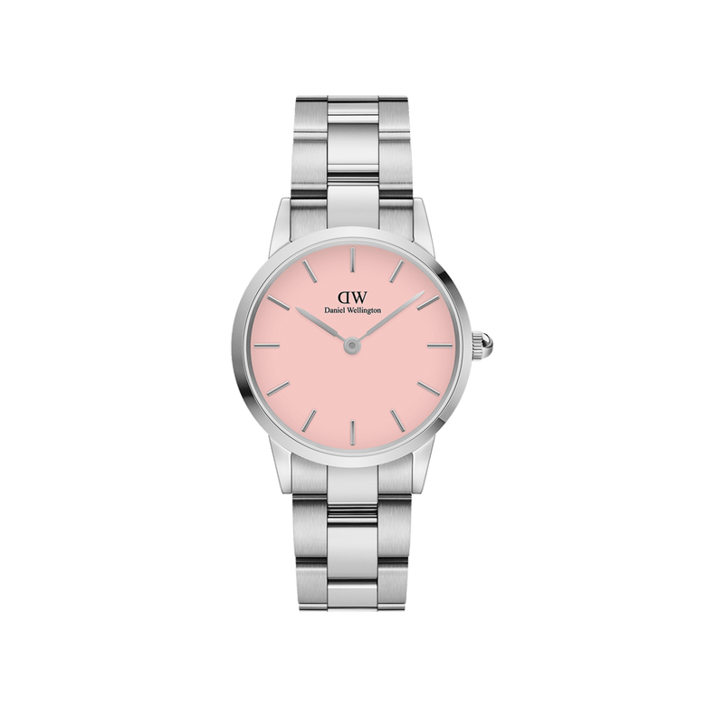 Silver ladies watch with a polished stainless steel link bracelet and a minimalist round pastel pink dial, featuring slim silver hour markers and hands. The Iconic Link Blush Silver offers a modern, elegant look suitable for both casual and professional wear.