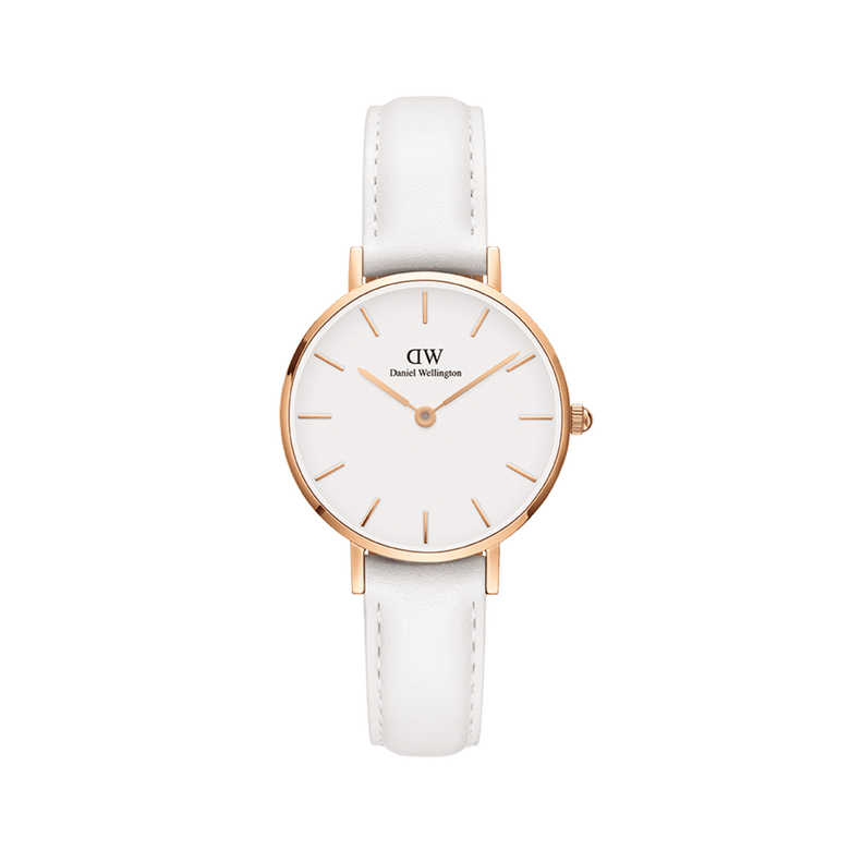 Petite Bondi Rose Gold ladies watch with a slim white leather strap, rose gold case, and minimalist eggshell white dial featuring simple hour markers for a clean, elegant style.