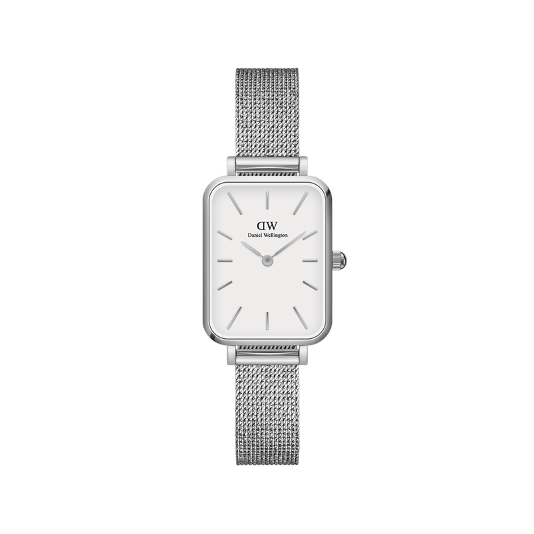Quadro Pressed Sterling features a petite rectangular stainless steel case, eggshell white dial, and a refined silver mesh strap, offering a minimalist and elegant watch design for women.