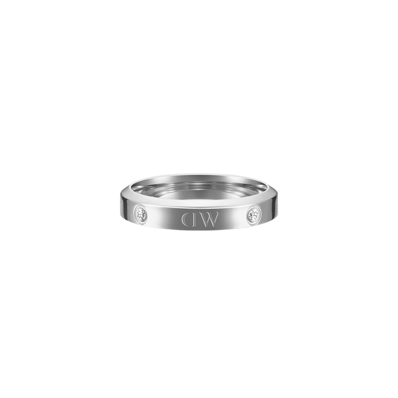 Classic Lumine Ring Silver with a slim, polished stainless steel band, featuring sparkling crystal stones and engraved logotype details for a modern, elegant finish.