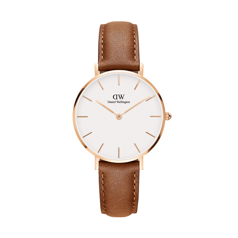 Petite Durham Rose Gold ladies watch with a minimalist eggshell white dial, rose gold case, and light brown leather strap, designed for everyday elegance and comfortable wear.