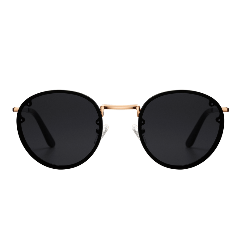 Arch Steel Black sunglasses with round black nylon lenses, rose gold plated stainless steel frame, and slim black arms, designed for UV400 protection and minimalist style.