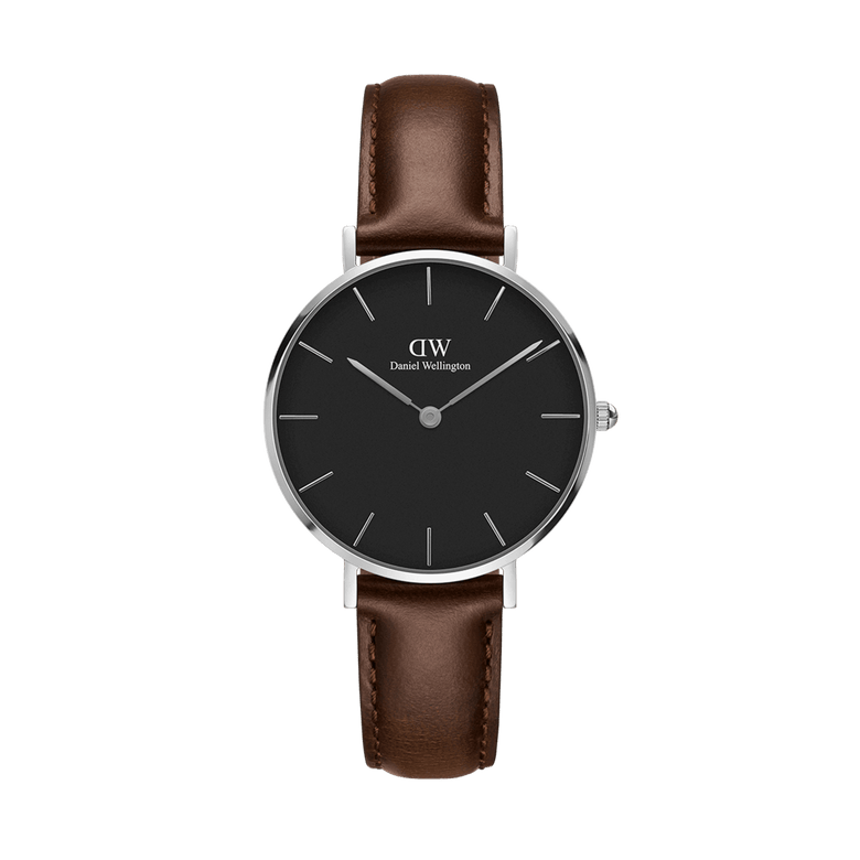 Daniel Wellington Petite Bristol Black Silver watch featuring a minimalist black dial, polished silver case, and a dark brown genuine leather strap with subtle stitching.