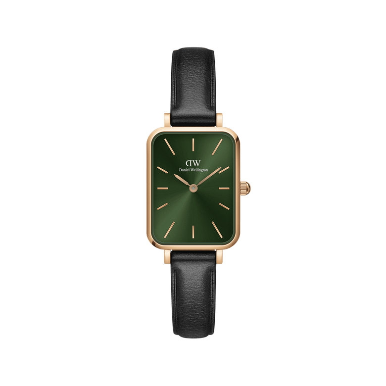 Quadro Pressed Sheffield Emerald Rose Gold watch with a rectangular rose gold case, emerald green dial, and black leather strap, showcasing a minimalist and elegant design suitable for everyday wear.