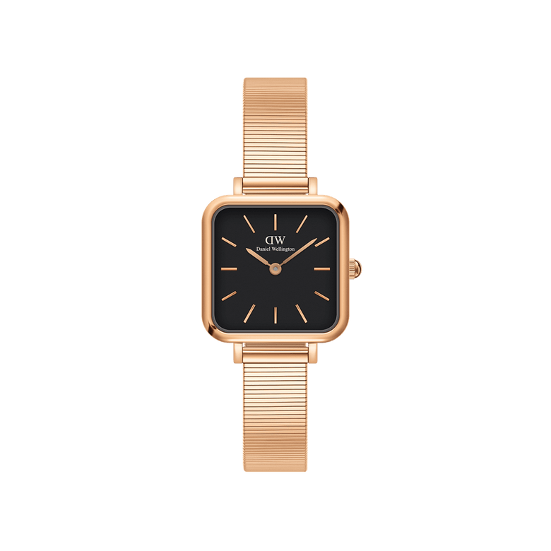 Quadro Studio Black Rose Gold watch featuring a square black dial, minimalist rose gold markers, and a slim rose gold piano link strap, designed for women seeking a refined and versatile accessory.