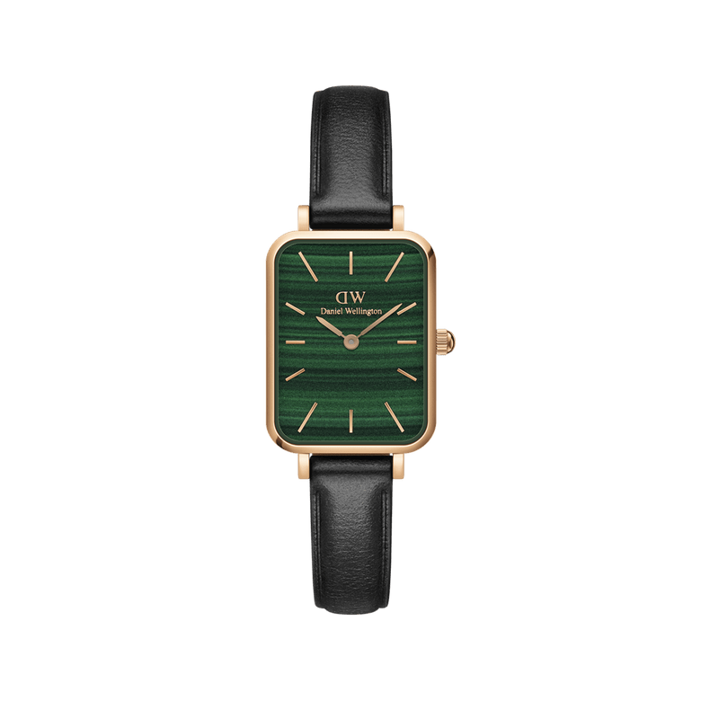 Quadro Pressed Sheffield Green Rose Gold features a rectangular rose gold case, a minimalist green dial, and a black leather strap, offering a refined and versatile look suitable for everyday wear.
