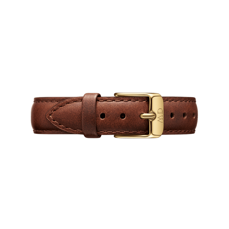 Brown genuine leather watch strap with gold-tone buckle, designed for the Petite St Mawes Black Gold, offering adjustable comfort and a classic finish.