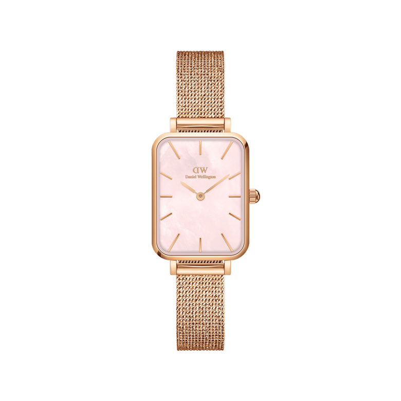Quadro Pressed Melrose Pink MoP Rose Gold ladies watch featuring a slim rectangular rose gold case, pink mother of pearl dial, and an elegant rose gold mesh bracelet.