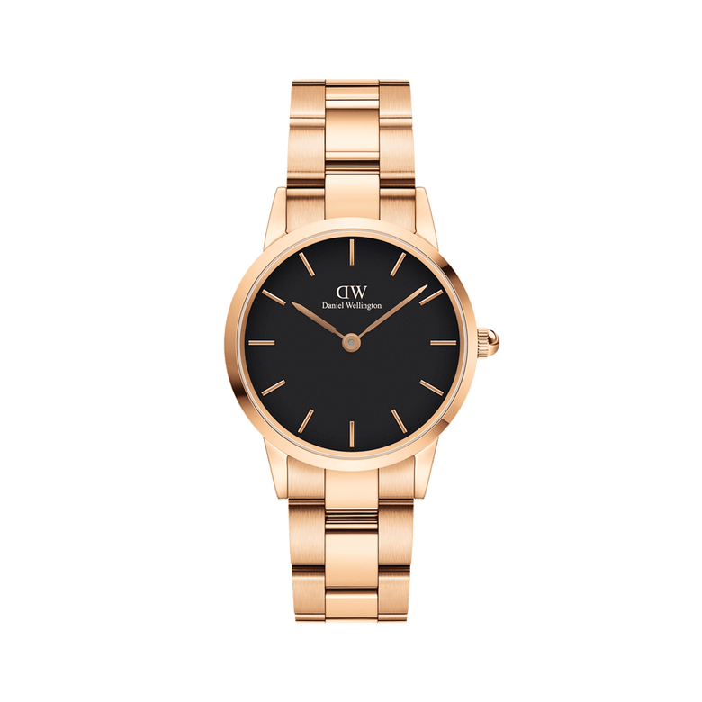 Daniel Wellington Iconic Link Black Rose Gold watch with a round black dial, slim rose gold hour markers, and a rose gold stainless steel bracelet, designed for both men and women.