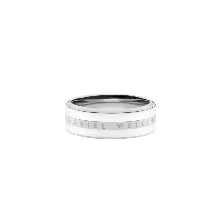 Minimalist Emalie Ring Silver with a polished stainless steel band, satin white enamel detailing, and Daniel Wellington engraving, shown from a flat side profile.
