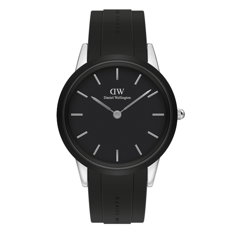 Iconic Motion Silver sports watch by Daniel Wellington featuring a bold black dial, silver stainless steel case, and an adjustable black FKM rubber strap, designed for versatile everyday wear and water resistance.