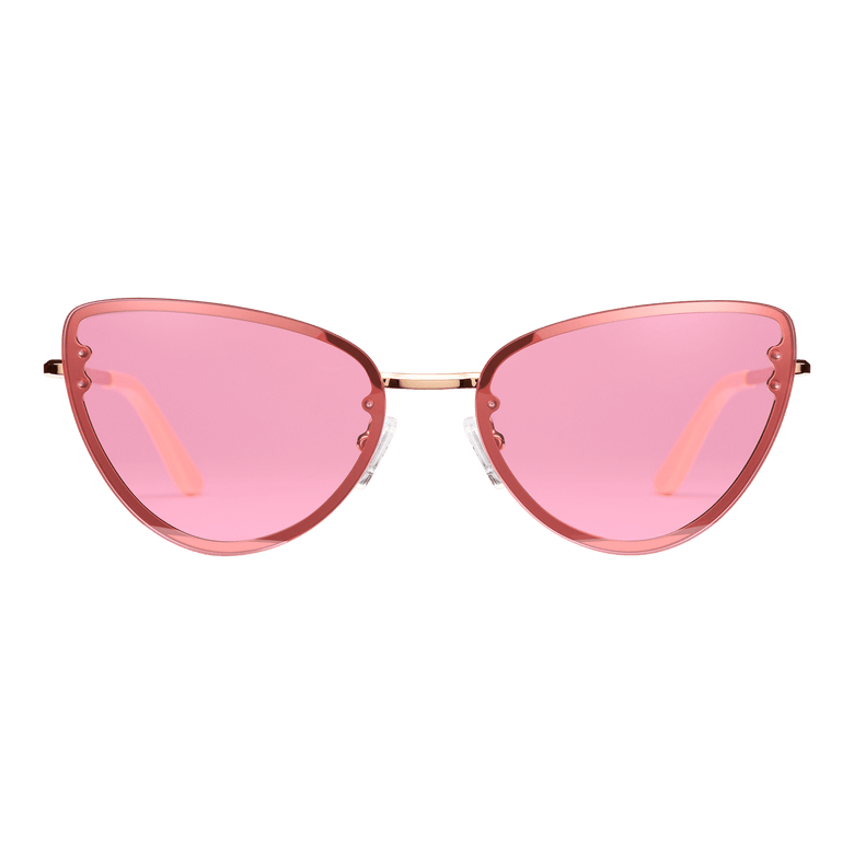 Lynx Steel Pink Gradient Rose Gold sunglasses featuring a rose gold plated stainless steel cat eye frame with pink gradient nylon lenses and adjustable silicone nose pads.