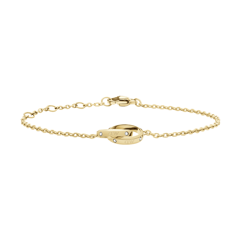 Classic Unity Lumine Gold bracelet featuring intertwined gold rings and sparkling crystals on a delicate adjustable chain, designed for a refined and modern look.