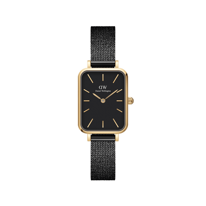 Quadro Pressed Ashfield Gold features a petite rectangular gold case, deep black dial, and slim black mesh strap, offering a minimalist and elegant look suitable for everyday wear and small wrists.