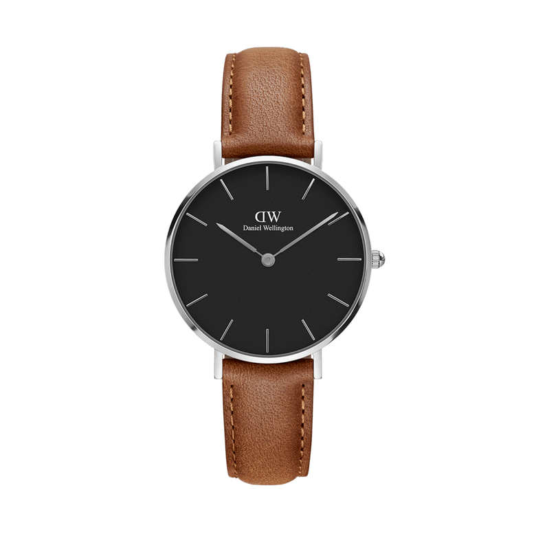 Petite Durham Black Silver ladies watch with a sleek black dial, polished silver case, and light brown genuine leather strap, featuring a minimalist design and slim profile ideal for everyday wear.