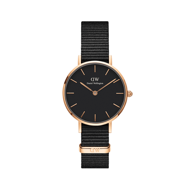 Petite Cornwall Black Rose Gold women’s watch with a minimalist black dial, rose gold stainless steel case, and an adjustable black NATO strap, offering a refined and versatile look for everyday wear.