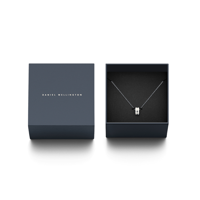 Emalie Necklace Silver Satin White presented in a sleek Daniel Wellington gift box, featuring a polished silver chain and satin white enamel pendant for a refined and timeless jewellery gift.