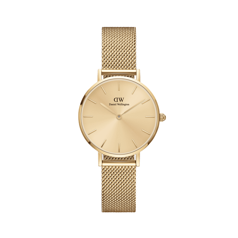 Petite Unitone Gold watch featuring a minimalist round gold dial and an adjustable gold mesh strap, crafted from polished stainless steel with a refined, elegant finish.