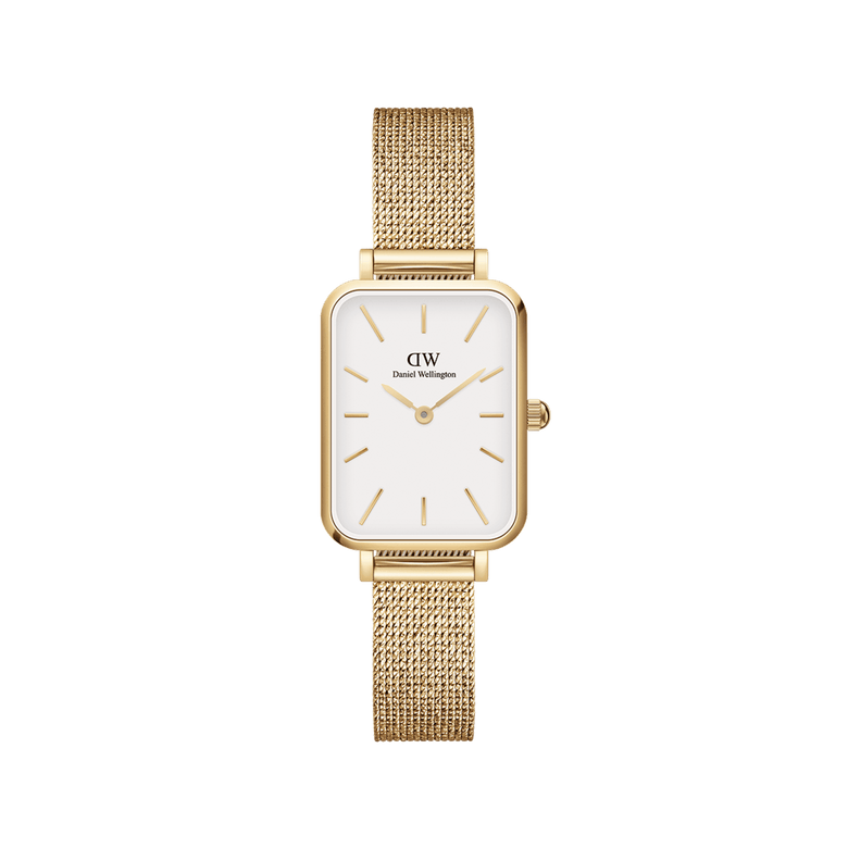 Quadro Pressed Evergold Gold watch featuring a rectangular gold case, crisp white dial with gold markers, and a slim gold mesh bracelet, designed for women seeking a refined and versatile accessory.