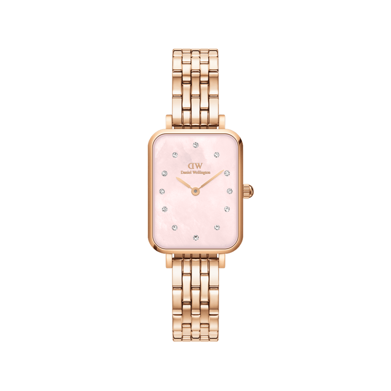 Quadro Lumine 5 Link Melrose Pink MoP Rose Gold ladies watch with a rectangular pink mother of pearl dial, crystal hour markers, and a rose gold five-link stainless steel bracelet.