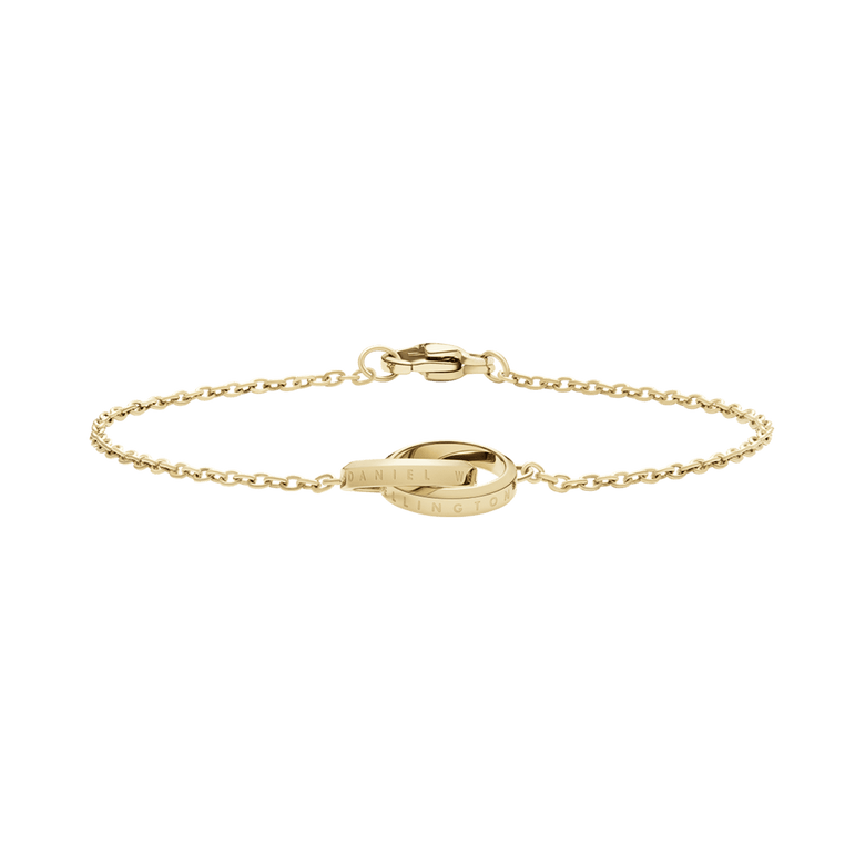Minimalist Elan Unity Bracelet in gold with a fine adjustable chain and two interlocking rings, featuring engraved detailing and a secure clasp for comfortable everyday wear.