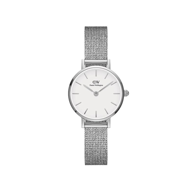 Petite Pressed Sterling ladies watch featuring a slim stainless steel mesh strap, minimalist white dial, and petite 24mm case, ideal for everyday wear and elegant styling.