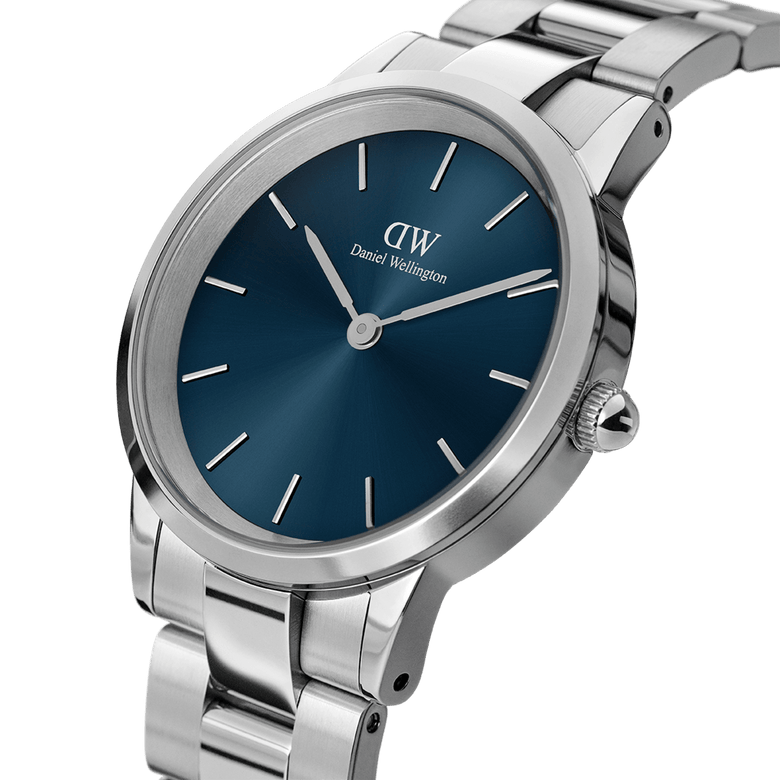 Daniel Wellington Iconic Link Arctic Silver watch with a stainless steel link bracelet and a striking blue sunray dial, shown in a close-up angle highlighting its minimalist design and polished finish.