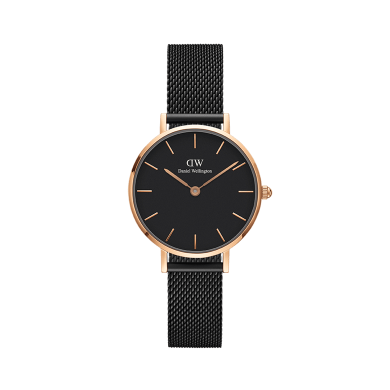 Petite Ashfield Rose Gold ladies watch with a classic black dial, rose gold case, and slim black mesh strap, ideal for daily wear and versatile styling.