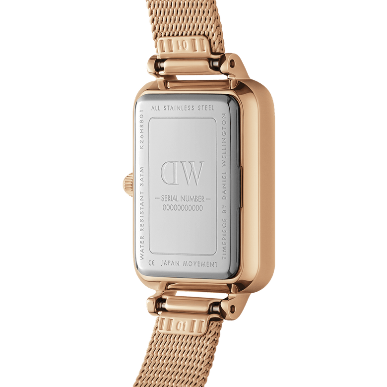 Back view of the Quadro Pressed Melrose Black Rose Gold watch, displaying its stainless steel case, engraved details, and adjustable rose gold mesh bracelet.