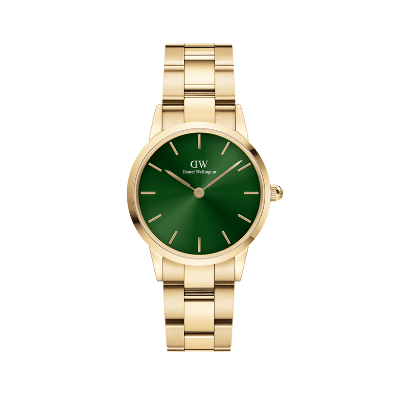 Iconic Link Emerald Gold watch with a brushed gold stainless steel bracelet and a vibrant emerald green dial, featuring minimalist gold hour markers and a secure clasp for everyday elegance.