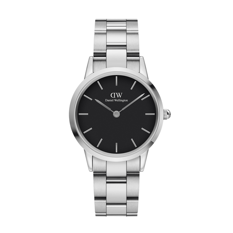Daniel Wellington Iconic Link watch with a silver stainless steel adjustable bracelet and a minimalist black dial, designed for versatile everyday wear.