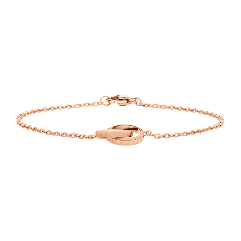 Minimalist Elan Unity Bracelet Rose Gold with two engraved interlocking rings and a delicate rose gold chain, designed for versatile styling and comfortable fit.