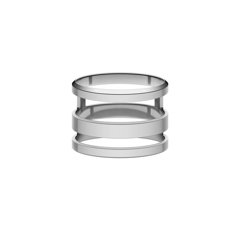Elan Triad Ring Silver featuring three parallel bands in a polished stainless steel finish, with a minimalist open structure that highlights its contemporary style.